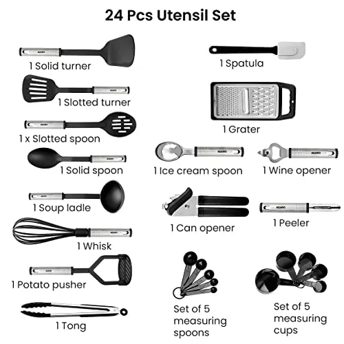 AGARO Galaxy 24 Pcs Kitchen Utensils Set, Nylon and Stainless Steel, Heat Resistant, Kitchen Cooking Utensils, Cookware Set with Spatula, Black