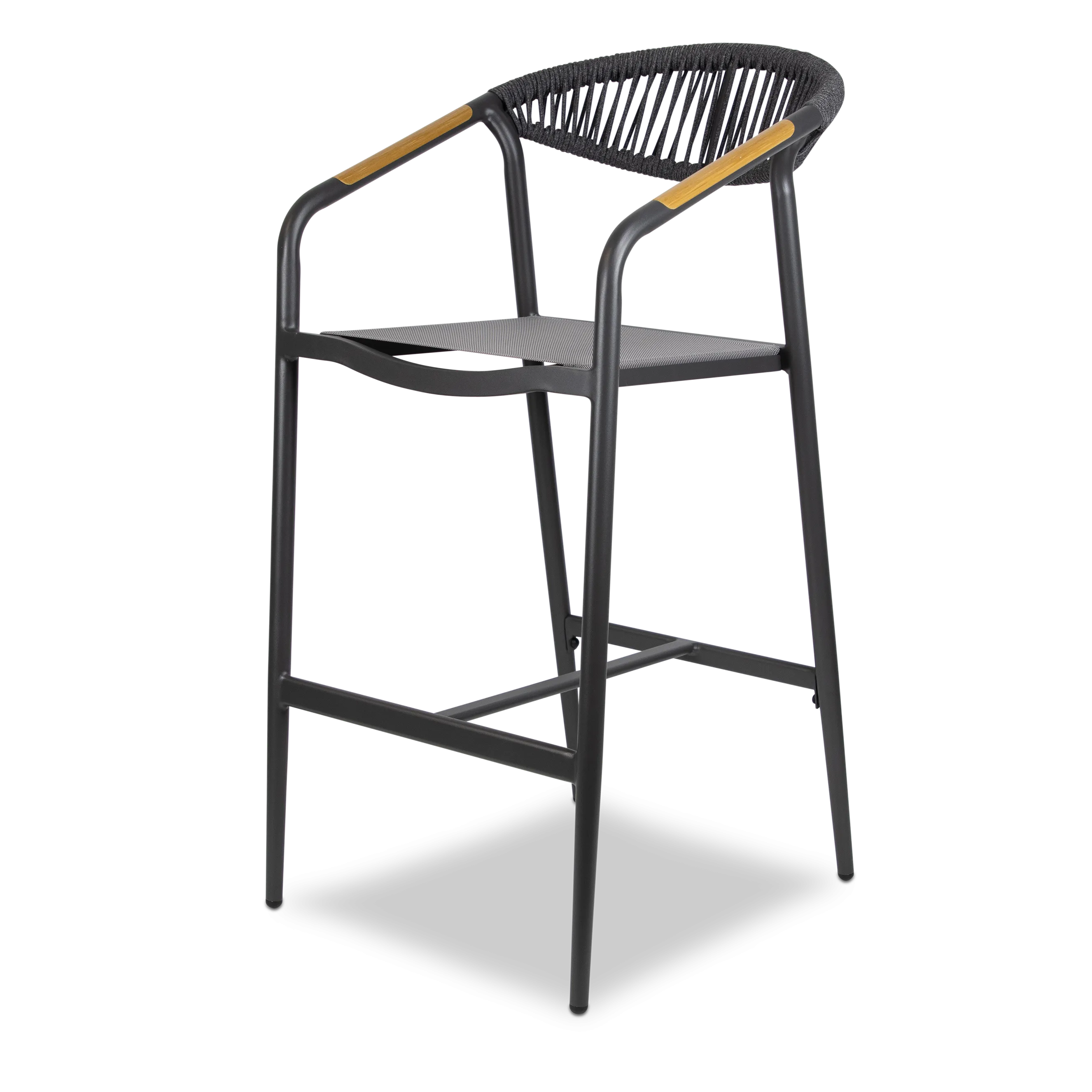 Amalfi Bar Stool in Gunmetal Aluminium Frame, Olefin Rope with Polywood Teak Accent and Charcoal Textilene