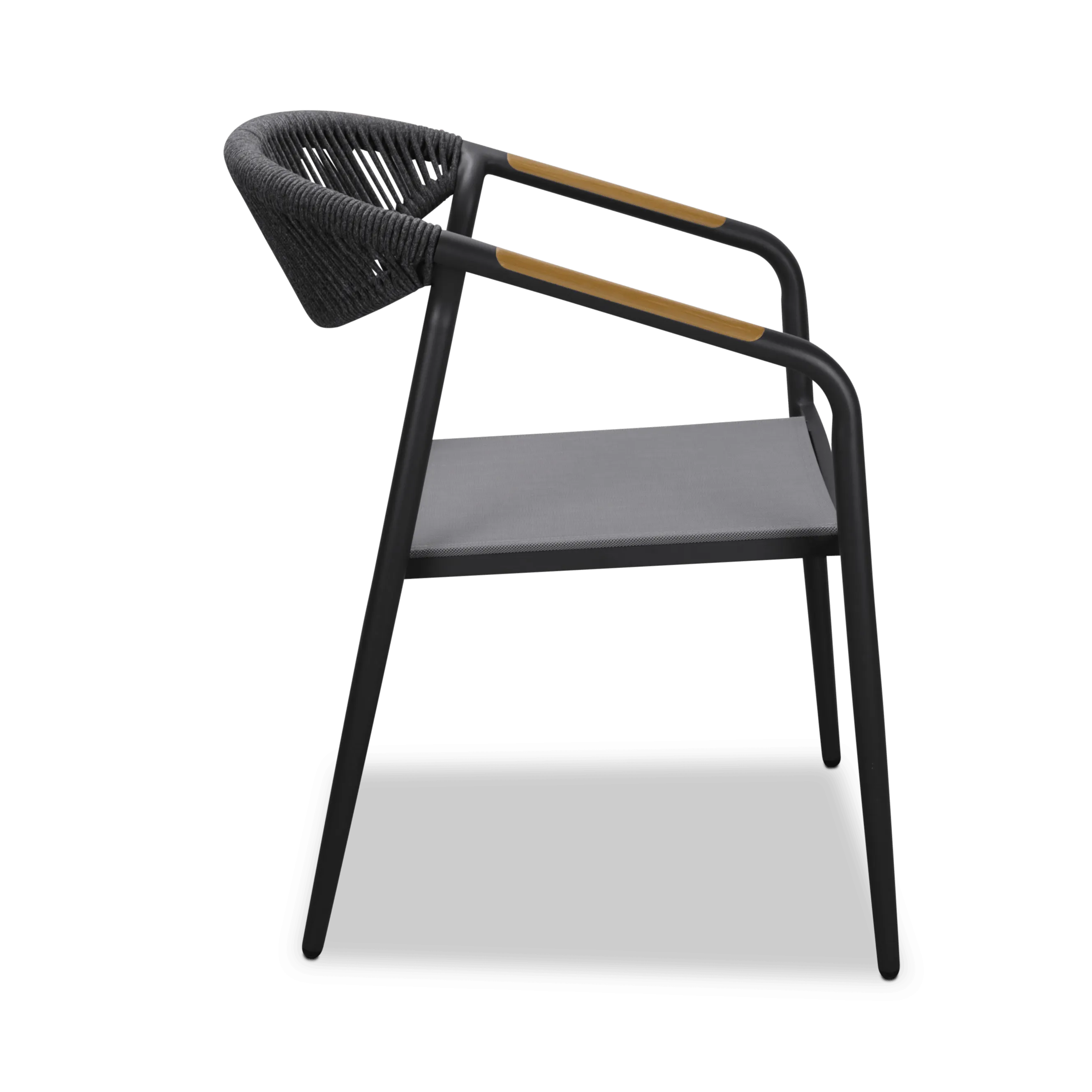 Amalfi Dining Chair in Gunmetal, Olefin Rope with Polywood Teak Accent and Stone Grey Textilene