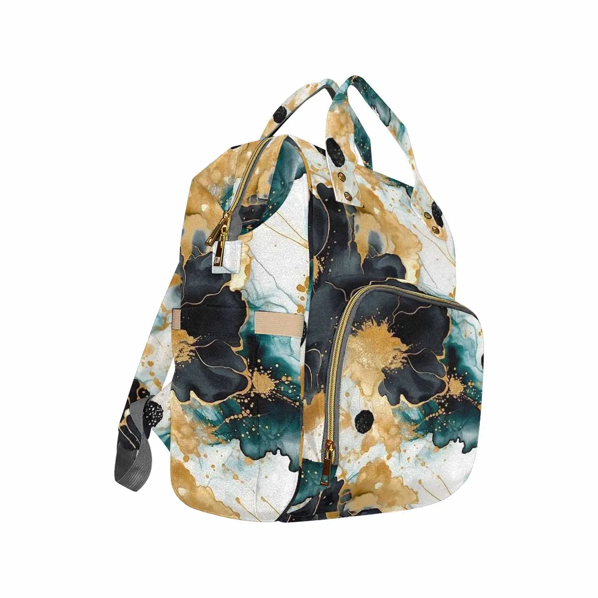 Black Gold & Green Ink Floral  Diaper Bag Backpack