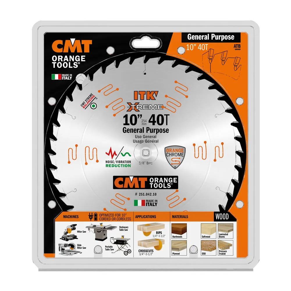 CMT ITK Xtreme Orange Chrome Thin Kerf 10” General Purpose Blade, 40 Teeth, Alternate Top Bevel (ATB) 0.110” Kerf  251.042.10