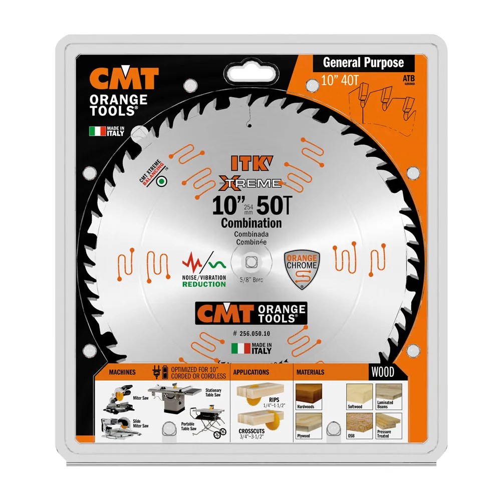 CMT ITK Xtreme Orange Chrome Thin Kerf 10" Combination Blade, 50 Teeth, Alternate Top Bevel (ATB) 0.102” Kerf 256.050.10 (DCE)