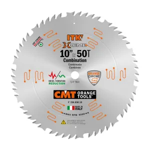 CMT ITK Xtreme Orange Chrome Thin Kerf 10" Combination Blade, 50 Teeth, Alternate Top Bevel (ATB) 0.102” Kerf 256.050.10 (DCE)