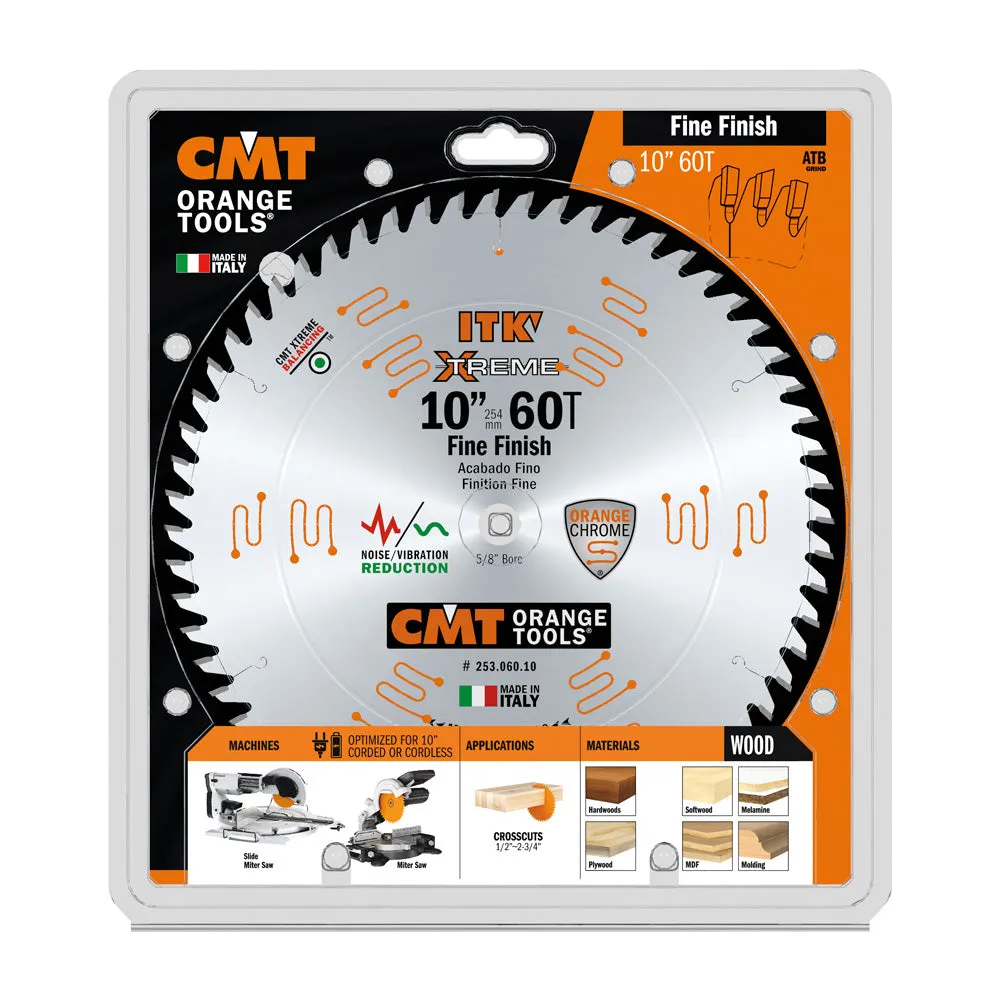 CMT ITK Xtreme Orange Chrome Thin Kerf 10" Fine Finish Crosscut Blade, 60 Teeth, Alternate Top Bevel (ATB) 0.102” Kerf  253.060.10