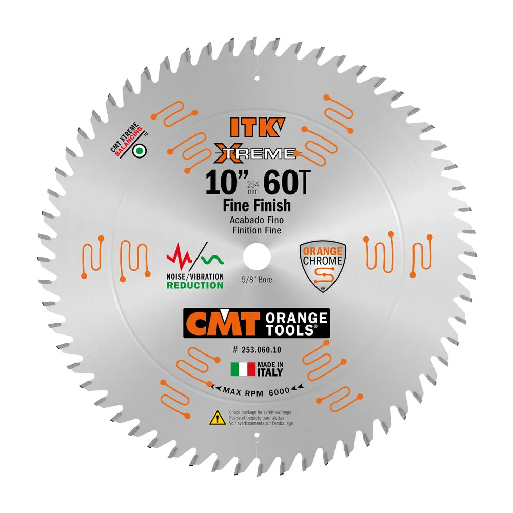 CMT ITK Xtreme Orange Chrome Thin Kerf 10" Fine Finish Crosscut Blade, 60 Teeth, Alternate Top Bevel (ATB) 0.102” Kerf  253.060.10