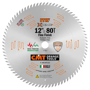 CMT ITK Xtreme Orange Chrome Thin Kerf 12" Fine Finish Crosscut Blade, 80 Teeth, Alternate Top Bevel (ATB) 0.118” Kerf  252.072.12