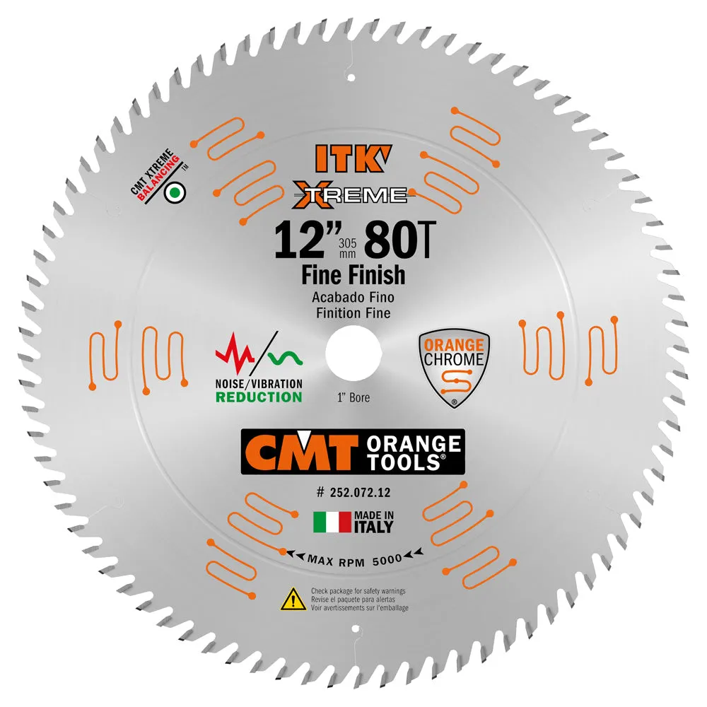 CMT ITK Xtreme Orange Chrome Thin Kerf 12" Fine Finish Crosscut Blade, 80 Teeth, Alternate Top Bevel (ATB) 0.118” Kerf  252.072.12