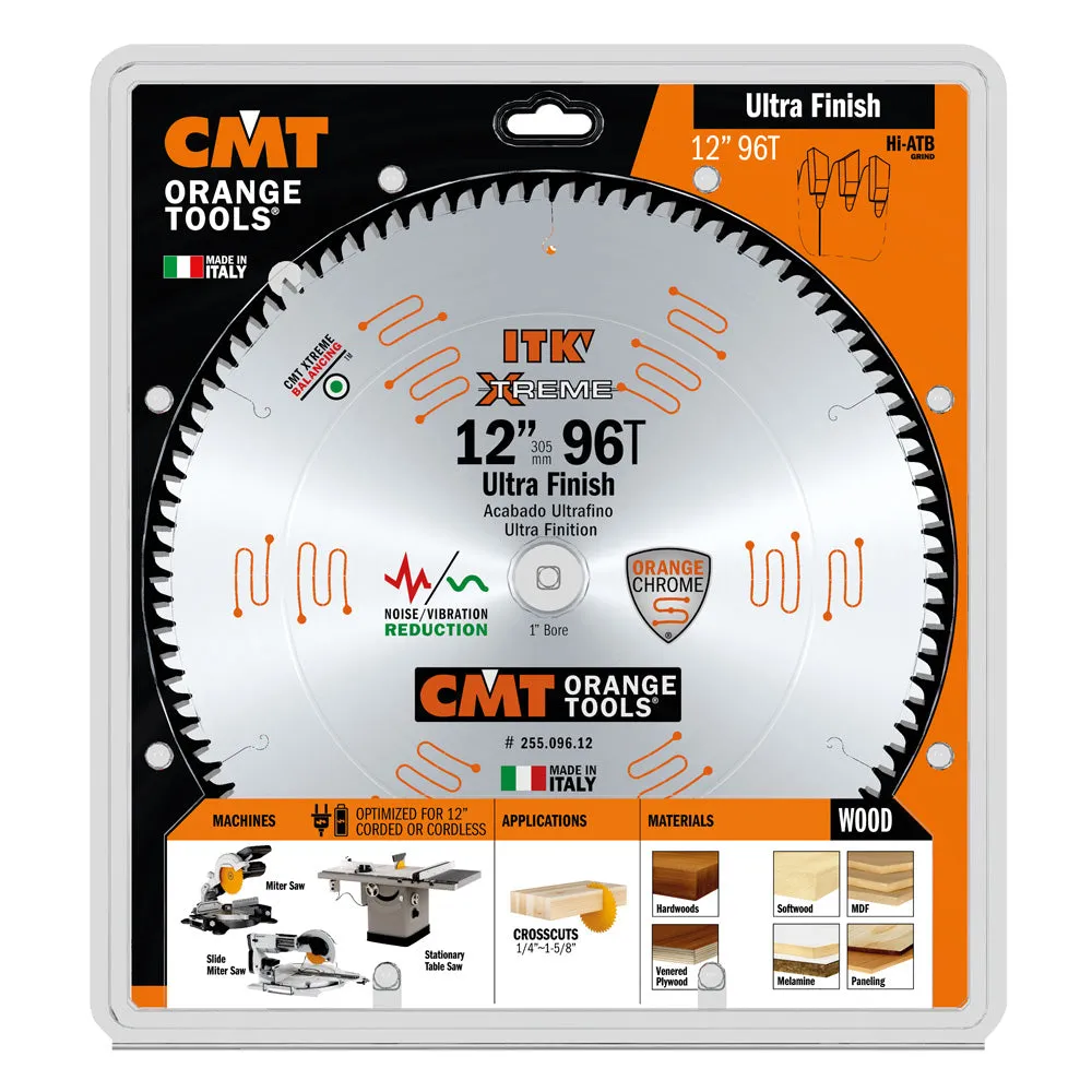 CMT ITK Xtreme Orange Chrome Thin Kerf 12" Ultra Fine Finish Crosscut Blade, 96 Teeth, High Alternate Top Bevel (Hi-ATB) 0.102” Kerf  255.096.12