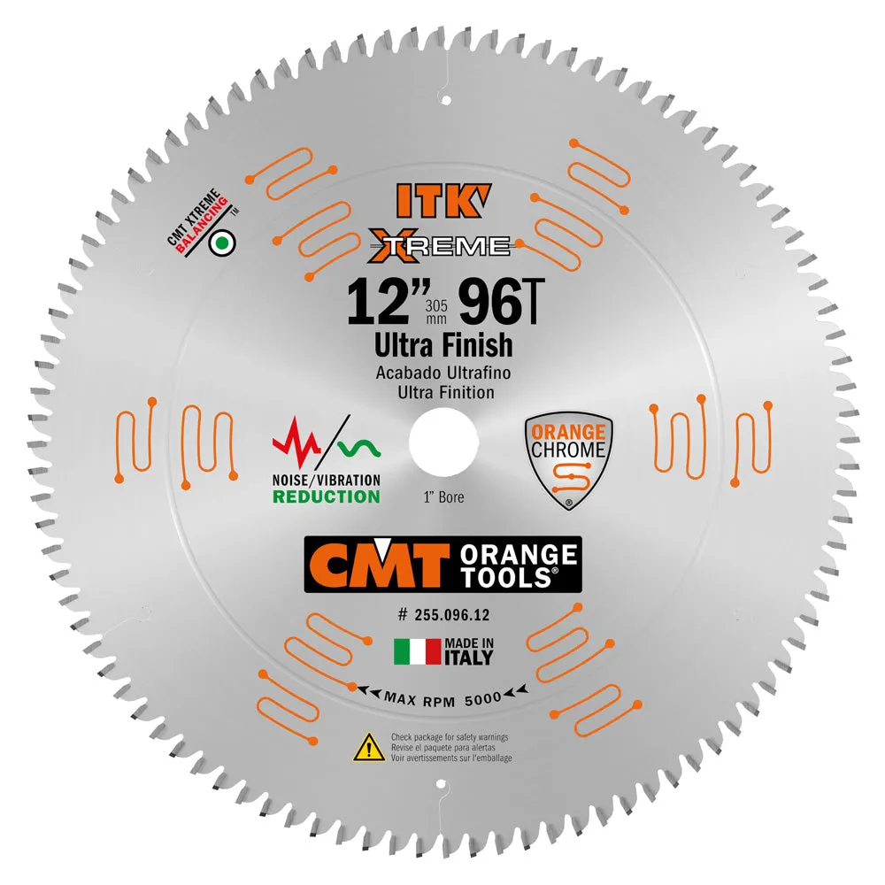 CMT ITK Xtreme Orange Chrome Thin Kerf 12" Ultra Fine Finish Crosscut Blade, 96 Teeth, High Alternate Top Bevel (Hi-ATB) 0.102” Kerf  255.096.12