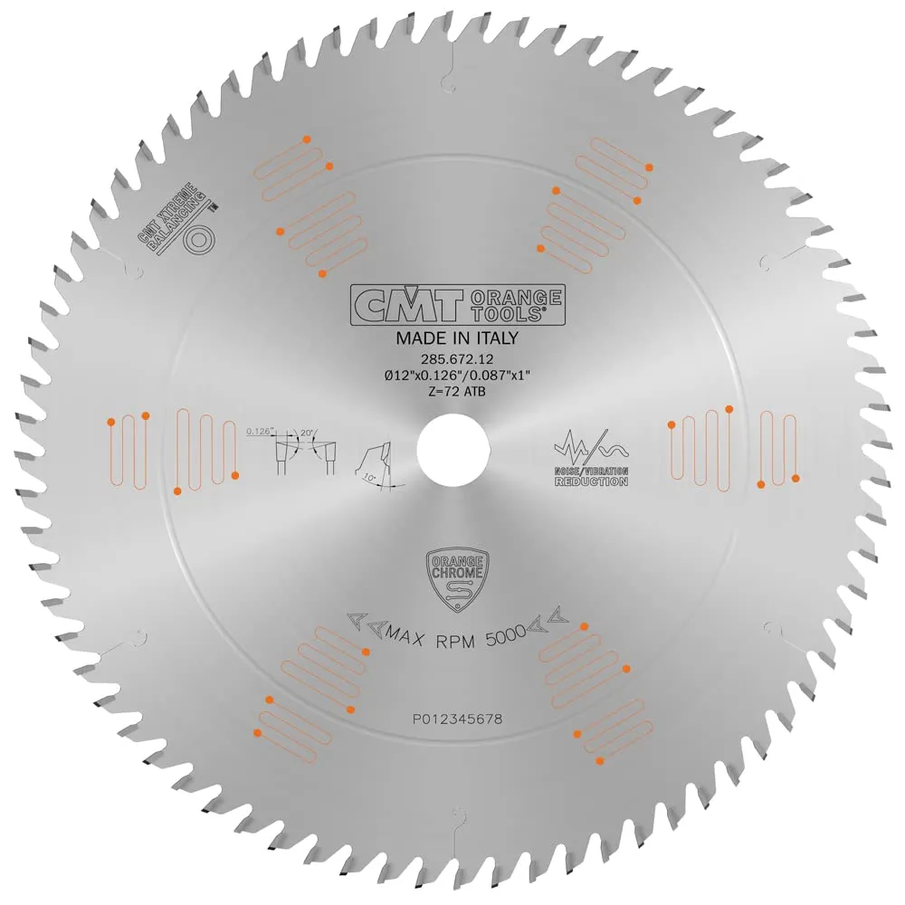 CMT Orange Chrome Heavy-Duty Cross Cutting Blade 12" x T72 ATB (1/8" Full Kerf)