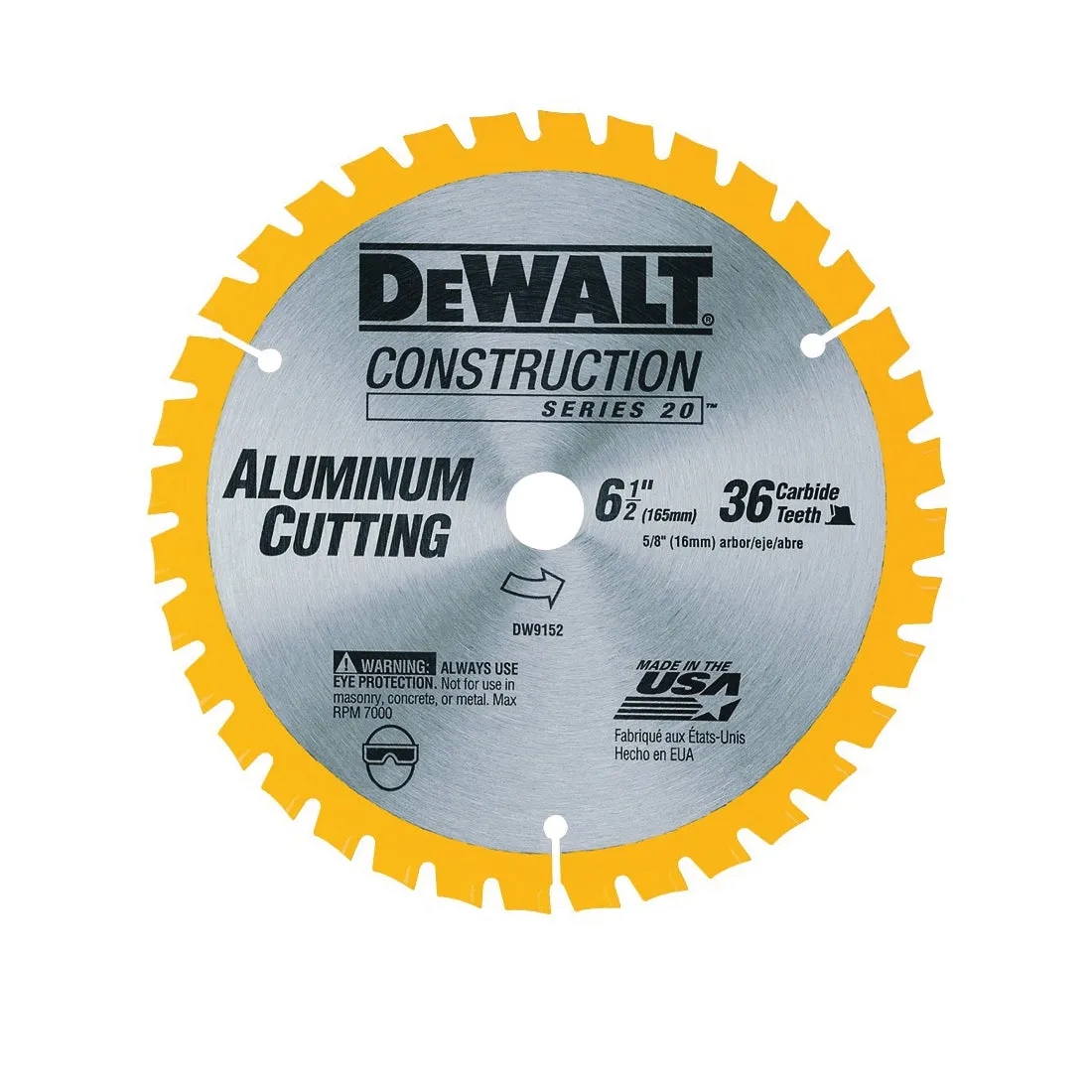 DeWALT DW9152 Circular Saw Blade, 6-1/2 in Dia, 5/8 in Arbor, 36-Teeth, Carbide Cutting Edge