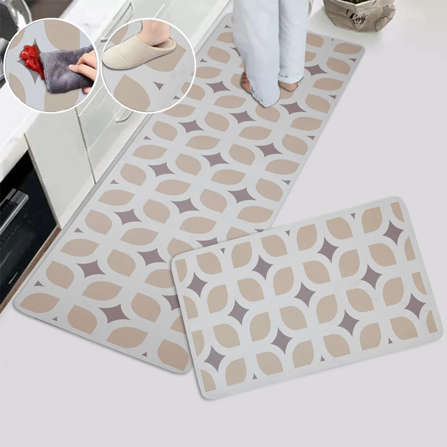 HomeCloud Anti Fatigue Kitchen Rug Sets 2 Piece Non Slip Kitchen Mats for Floor Cushioned Kitchen Rugs and Mats Waterproof Comfort Standing Mat Runner for Kitchen (Khaki_Diamonds)