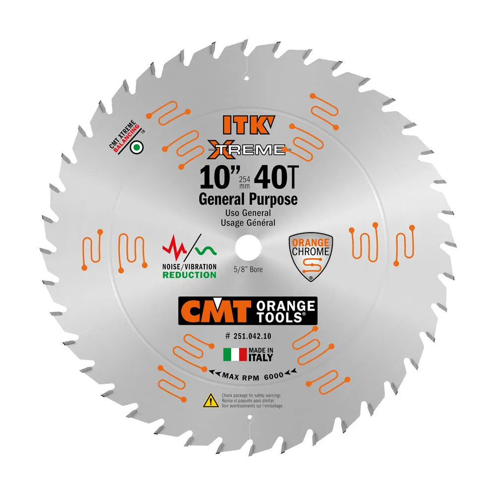 Set of 3 CMT ITK Xtreme Orange Chrome 10" Thin Kerf Blades - General Purpose, Ultra Finish Crosscut, and Rip (DCE)