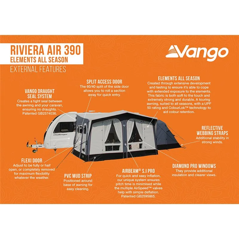 Vango Riviera Air Awning 390 Elements TC Package With Free Tall Annex Elements TC - Riviera, Caravan Awning Side Canopy and    CP225 - Breathable Fitted Carpet - Riviera 390