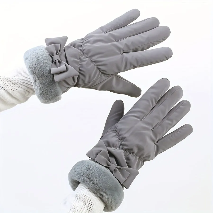 Women's Bow Decor Plush Winter Gloves, Windproof Thick Warm Gloves For Cycling Skiing Driving